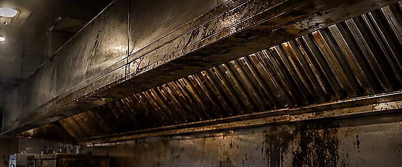 Grease-laden hood interior before a Hood Heroes service